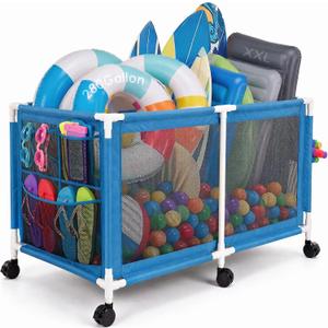 280 Gallon 69" Pool Storage Bin XXL Extra Large Swimming Pool Float Storage Bin, Pool Noodles Holder, Toys, Floats, Balls and Floats Equipment Mesh Rolling Bin for Garden Lawn, 69" Lx32 Wx35 H (Blue)