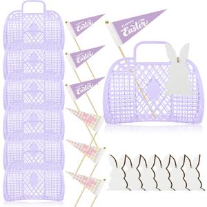 6 Pcs Jelly Bag Cute Jelly Baskets Summer Beach Bag with Wooden Rabbit Tag Pennant Bunny Decoration Beach Tote for Women(Purple)
