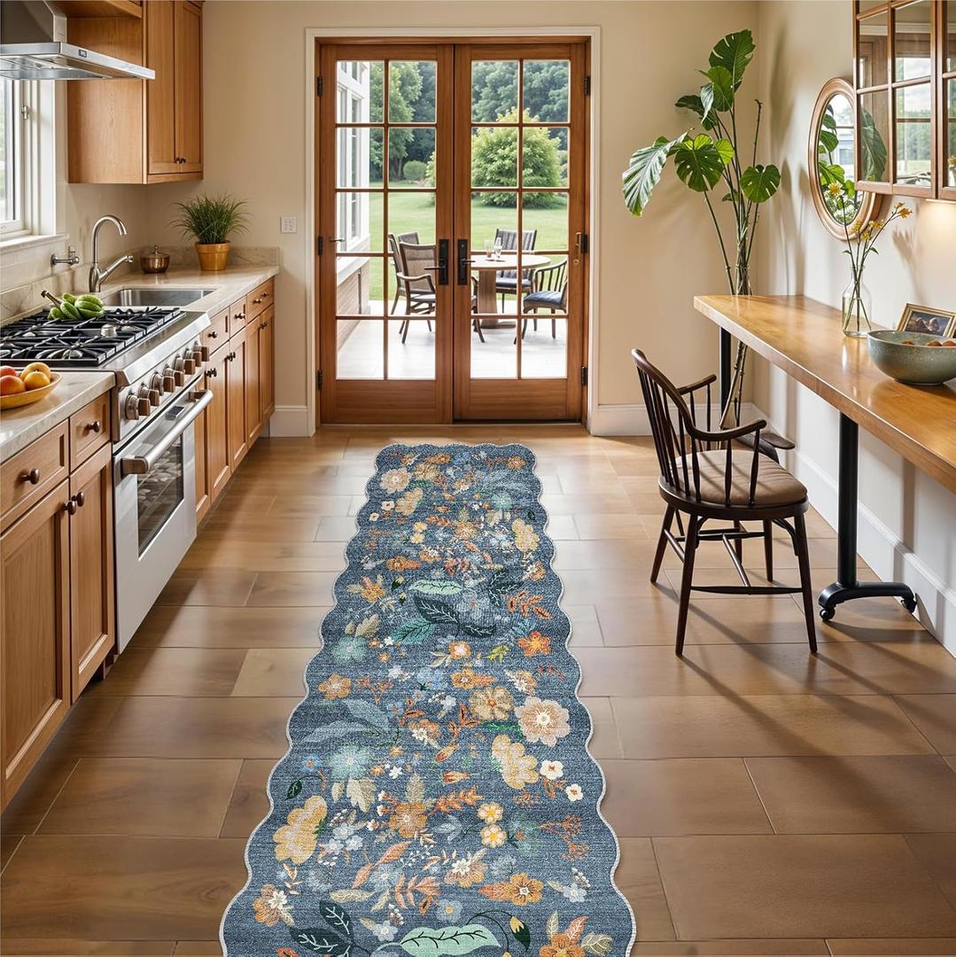 Washable 2x10 Runner Rug for Hallway: Floral Scalloped Kitchen Rugs Low-Pile Stain Resistant Entryway Area Rug - Cozy Bedroom Soft Floor Mat Non-Slip Bathroom Carpet for Boho Home Decor (2x10,Blue)