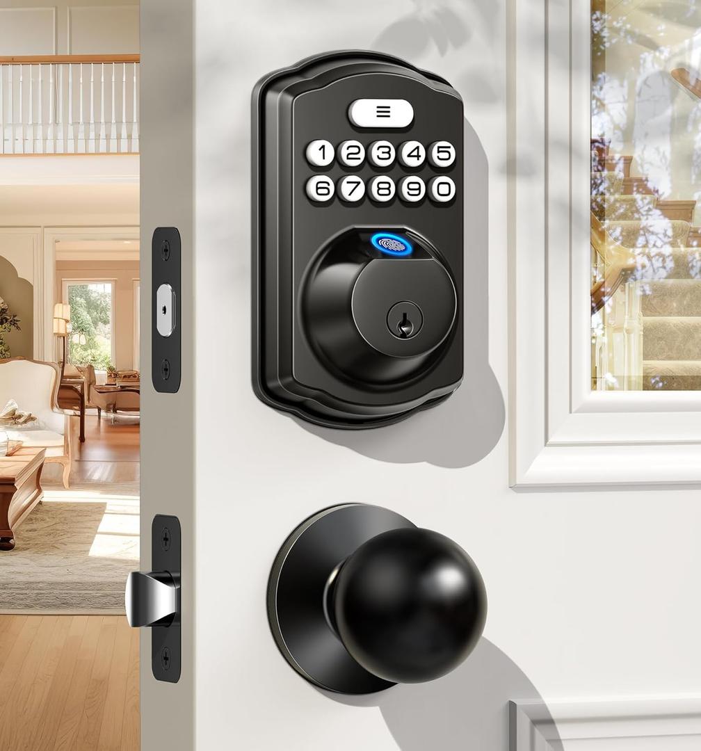 Veise Fingerprint Door Lock with 2 Knobs - Keyless Entry Door Lock with Handle, Electronic Keypad Deadbolt, Smart Front Handle Set, Auto-Locking, Waterproof, Easy Installation, Matte Black