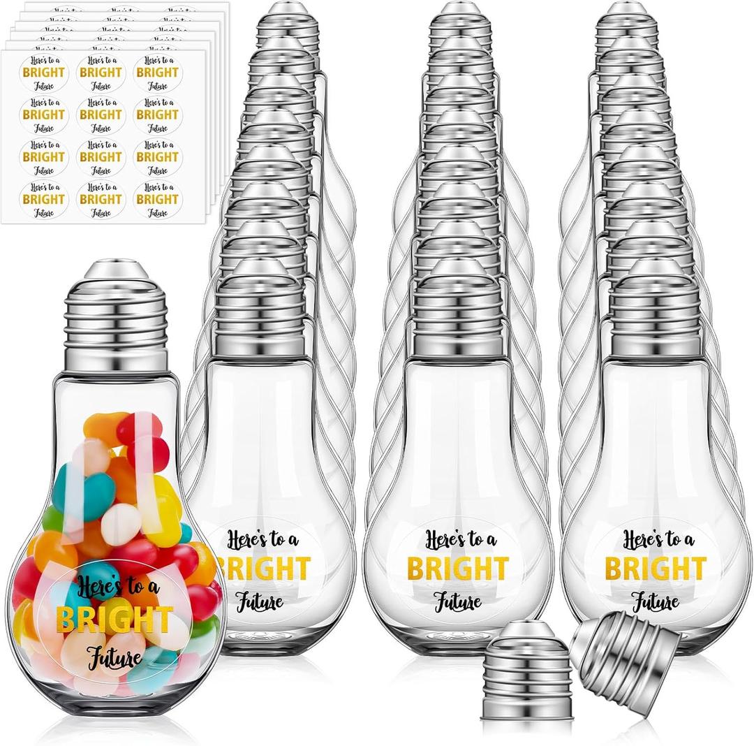 Weysat 144 Pcs/72 Sets Graduation Plastic Light Bulb Jars Set Light Bulb Candy Containers Bulk with Lids and Graduation Stickers Clear Candy Jars Fillable Light Bulb Ornaments for Crafts Grad Party (Silver)