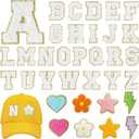 MEEZY 34 Pcs Chenille Letter Patches Self Adhesive Iron on Letters A-Z Glitter Chenille Letters with Cute Sew Iron on Patch Embroidered Applique Patches for Clothing Hat Backpacks (White)