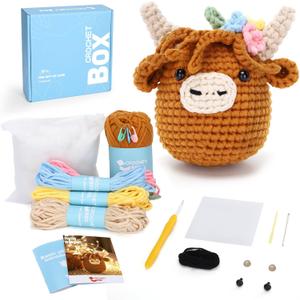 Crochet Kit for Beginners: Highland Cow Crochet Kit, Include Easy Knitting Soft Yarn, Step-by-Step Video Tutorial, Hook, Birthday Gift for Adults and Teen(30%+ Yarn)