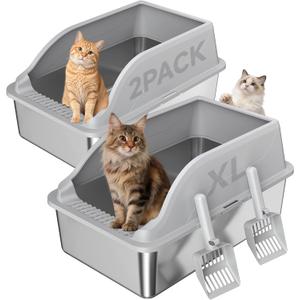 2PACK Stainless Steel Cat Litter Boxes, XL Large Metal Litter Box with High Sides Lid, Odor Free Litter Pan Include Scoop Easy Cleaning Anti-Scratch Kitty Cat Box Anti-Urine Leakage, Non-Sticky
