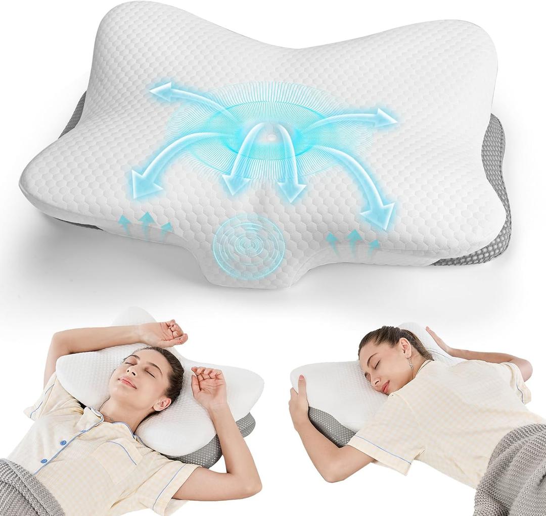 JOYENERGY Ergonomic Cervical Pillow for Neck and Shoulder Pain Relief - Memory Foam Contour Pillow with Dual Heights, Cooling Breathable Pillowcase, Orthopedic Support for Side, Back, Stomach Sleeper, Butterfly
