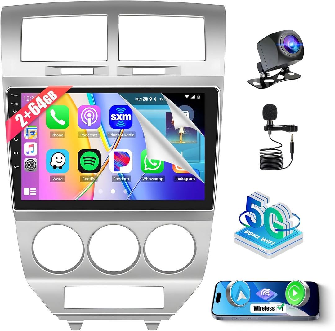 Roinvou 2+64G Android Car Stereo for Dodge Caliber 2006-2012, Built-in Wireless CarPlay with Android Auto, 10.1'' Touch Screen for Caliber Radio with GPS Navigation Bluetooth FM RDS WiFi DSP