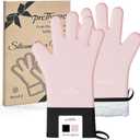 PrettyCare Extra Long Silicone Oven Mitts – Heat Resistant Oven Gloves with Fingers, Waterproof & Non-Slip Kitchen Mitts for BBQ Baking Cooking, Cotton Lined Silicone Oven Gloves for Women – (Pink), 37L x 23W Centimetres