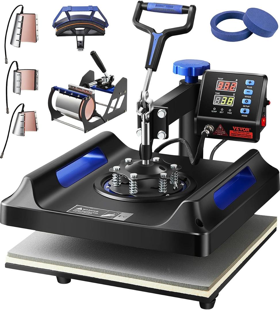 VEVOR 8 in 1 Heat Press Machine 15x15 Inch, 360° Swing Away Shirt Press Machine - Digital Professional Heat Transfer Tshirt Press Machine, Sublimation Heat Press for T Shirts Hat Cap Mug Plate Blue