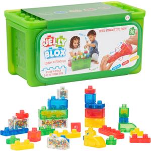 Jelly Blox Stash 'N Stack 2-in-1 Storage Case with 30 Blocks | Toddler & Preschool Building Blocks Kids Can Squeeze & Stretch | MESH ACCREDITED | Safety Tested & Ouch-Free | Sensory Play Toy Ages 2+