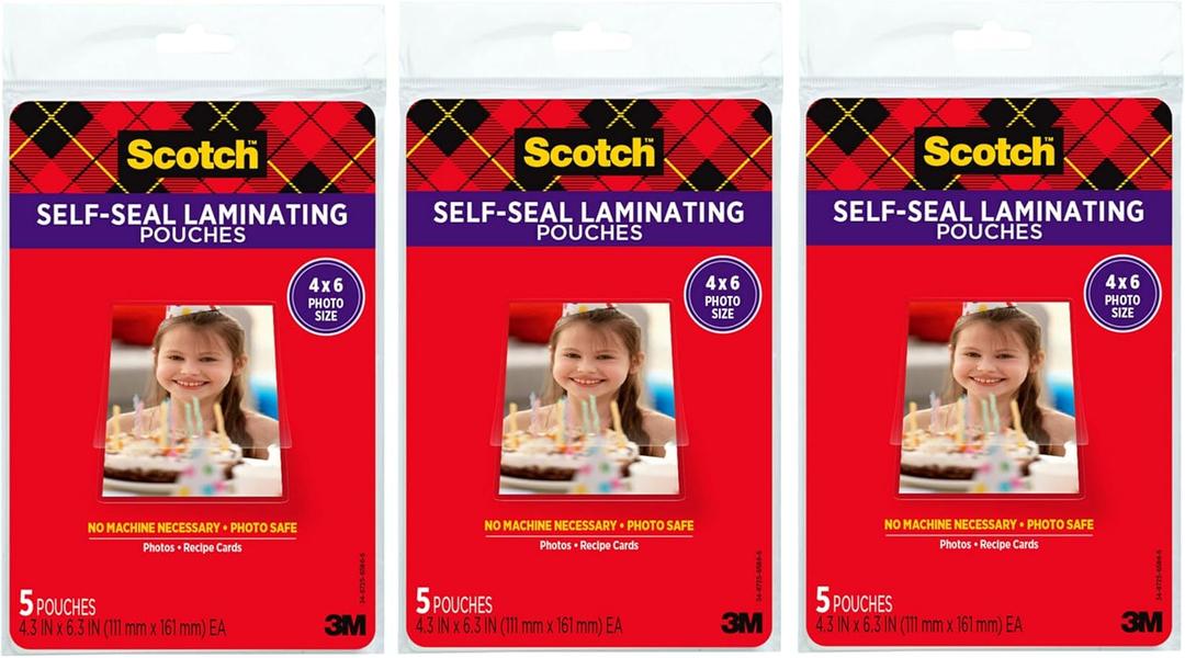 Scotch Self-Sealing Laminating Pouches, 4 x 6 Inches, 3-Pack of 5 Pouches  No Machine Needed, Clear, Photo Safe