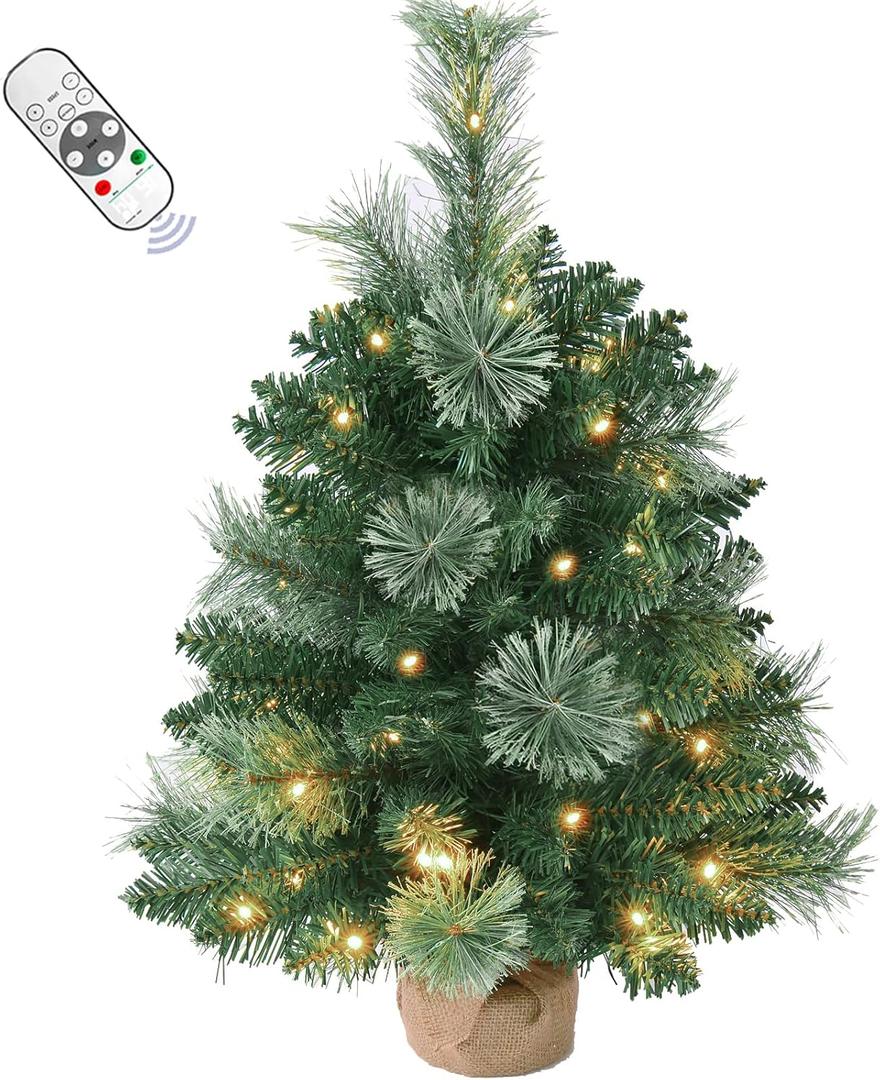 2FT Pre-lit Artificial Small Mini Christmas Tree with Warm White Multi-Color LED Lights, Remote Control and Timer, Perfect for Xmas Tabletop Decorations, Home, Kitchen, Dining Table top Green
