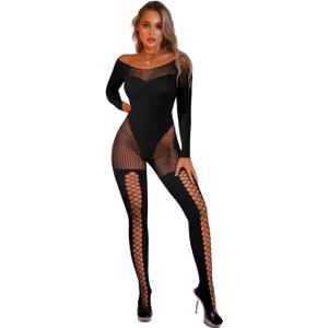 EHSUYAB Womens Sexy Full Fishnet Bodysuit, One Piece Mesh Lace Jumpsuit Body Stockings, Rave Club Poster Exotic Dancer Outfit Black One Size