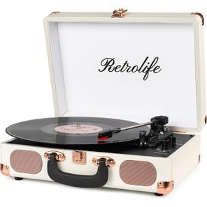Turntable Vinyl Record Player 3-Speed Suitcase Portable Belt-Driven Record Player with Built-in Speakers RCA Line Out AUX in Headphone Jack Vintage White