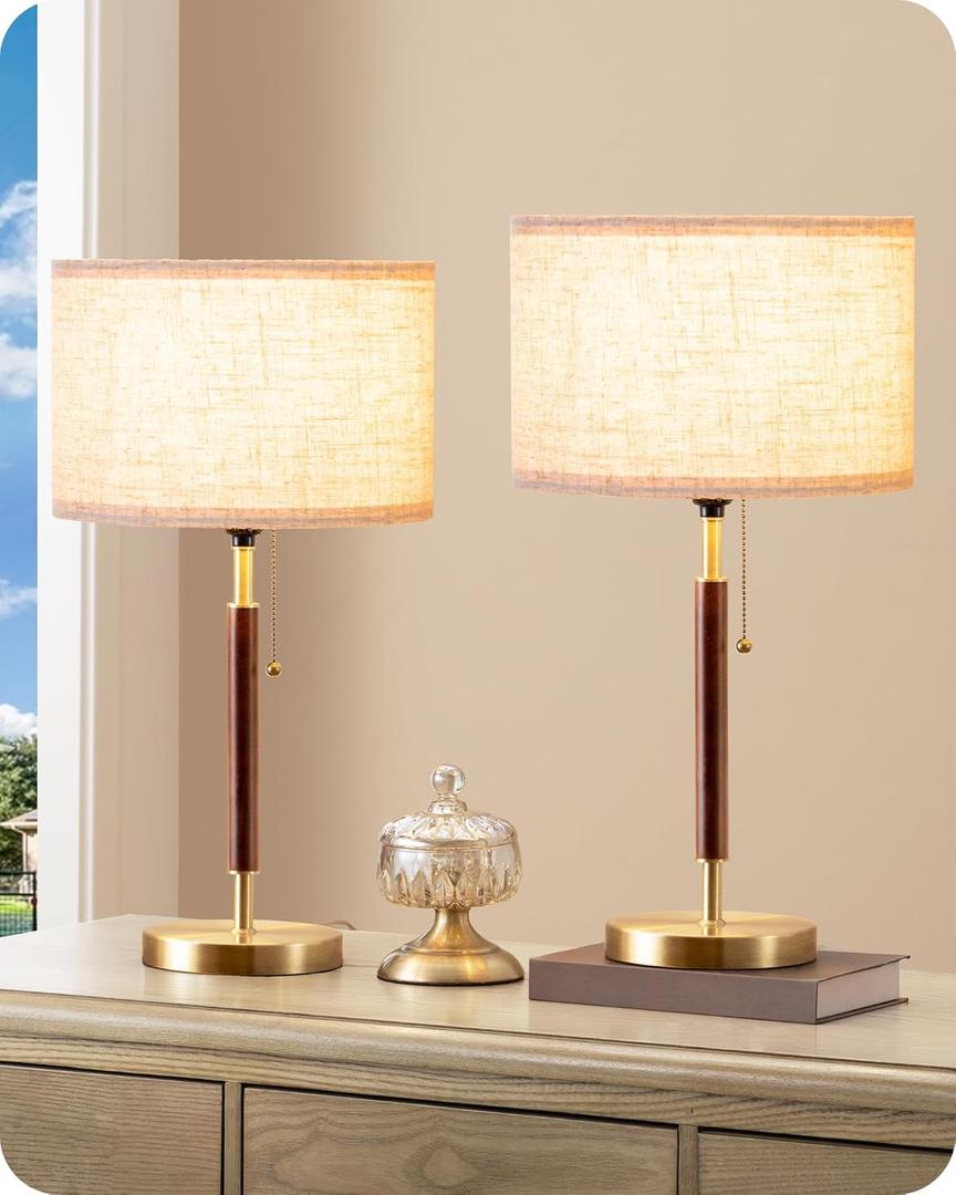 EDISHINE Mid Century Table Lamp Set of 2, Pull Chain Switch Bedside Lamp, Linen Shade, Solid Wood Pole & Bronze Brushed Metal Base, Modern Nightstand Lamp for Bedroom, Living Room, Office, E26 Base (Gold)