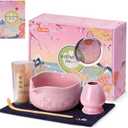 Matcha Whisk Set, Ceramic Matcha Set Includes Bowl with Spout, Whisk and Holder, Bamboo Scoop, Sifter and Tea Towel - 6 Pcs Matcha Kit Gift for Lovers Beginners (Pink)