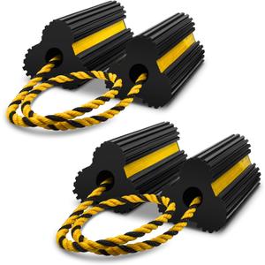 ROBLOCK 2 Pairs Wheel Chocks Heavy-Duty Rubber Wheel Block Non-Slip Base with Nylon Rope Yellow Reflective Tape - 4 Pack Wheel Stopper for Travel Trailers, Car, Camper, Truck, Black