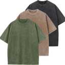 Men's Cotton T-Shirts Oversized Unisex Short Sleeves Casual Loose Wash Solid Basic Tee Tops (Black+coffee+armygreen)