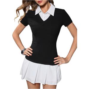 SweatyRocks Women's 2 In 1 Shirt Dresses Short Sleeve Color Block A Line Pleated Collar Mini Dress Black and White Large