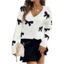 Women's Bow Print Sweaters V Neck Lightweight Sweater Long Sleeve Pullovers Knit Top, L