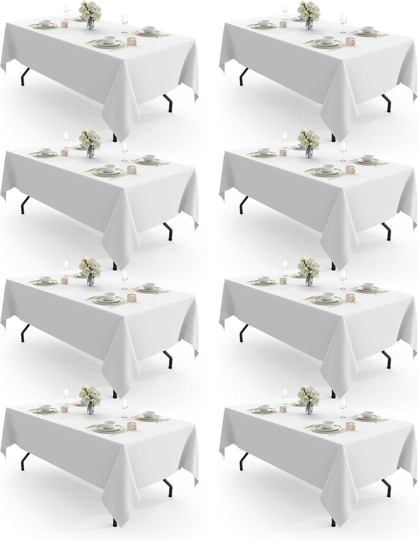 Pureegg Rectangle Table Cloth 60" x 102" 8 Packs, Durable Polyester Tablecloth Offers Reusable & Washable Protection, Ideal for Outdoor Party, Picnic, Wedding, Banquet and Birthday, White