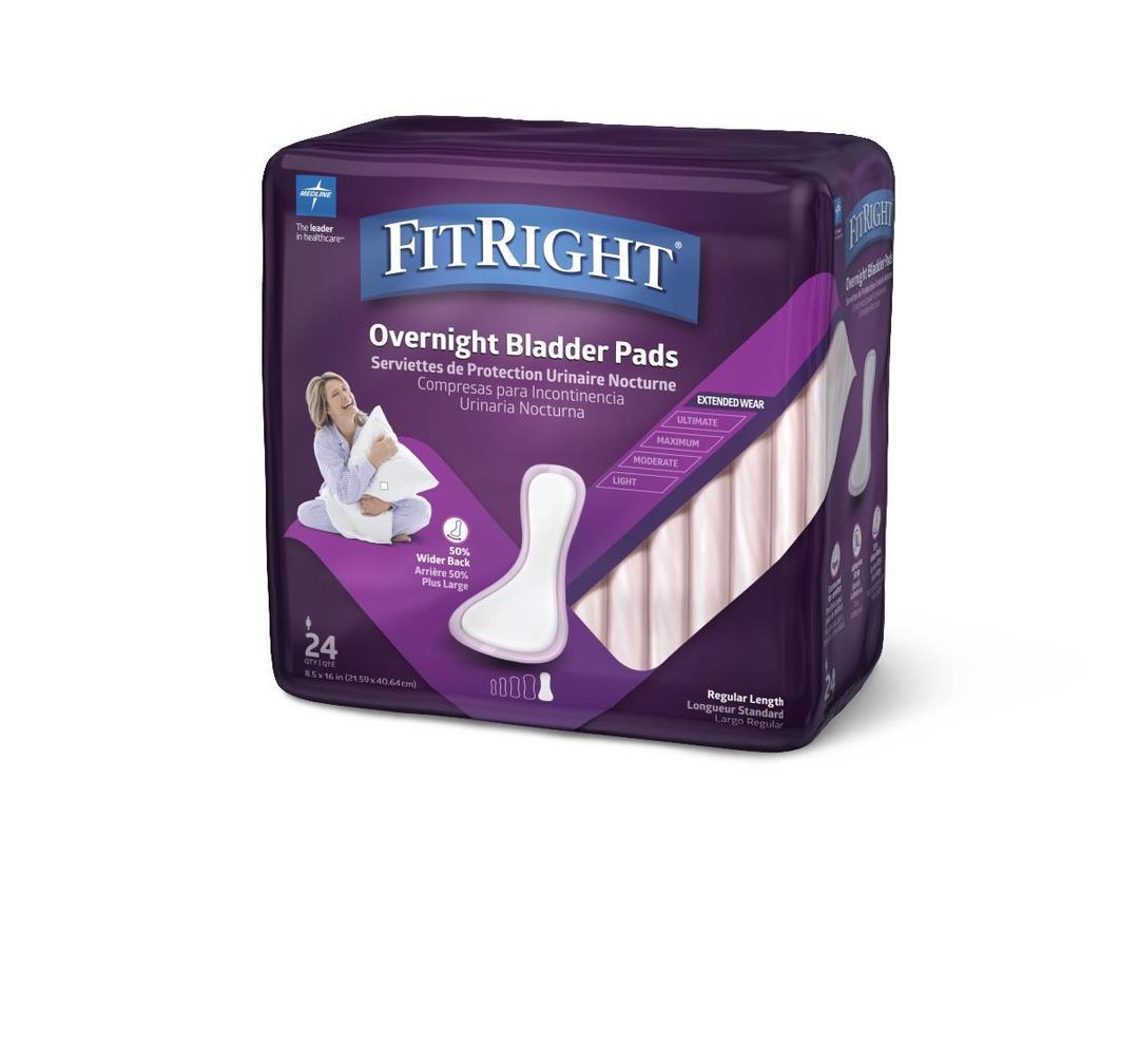 Medline FitRight Overnight Bladder Control Pads, Maximum Absorbency, Nighttime Incontinence Protection, 8.5 x 16, 24 Count per Bag (6 Bags), 144 Count