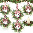 Suncalla 6 Pcs Christmas Mini Wreaths for Cabinets Bulk 7.87" Small Xmas Wreath for Kitchen Candle Ring with Glitter Red White Candy Cane Ribbon Bow Pine Berries Christmas Decor for Home Window Door