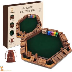Shut The Box Game Wooden Board Game for 1-6 Players with 16 Dice, Dice Game for Adults & Kids at Home, Classroom or Parties