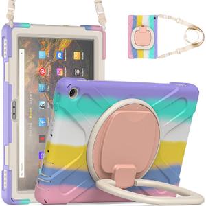 All-New Fire HD 10 & Fire HD 10 Plus Tablet case for Kids(2021 Release,11th Generation),Heavy Sturdy Shockproof Kids Case,Rotating Stand/Carrying Strap, Colourful Pink