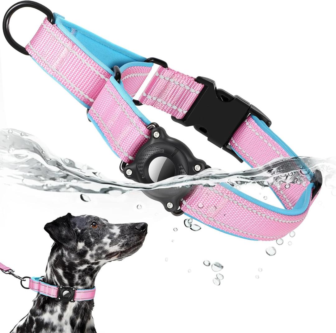 Airtag Dog Collar with Martingale Design, IP68 Waterproof Air Tag Collar Holder, Adjustable Reflective Soft Padded Nylon Dog Collar for Large Medium Small Dogs (M(14"-17.3"), pink)