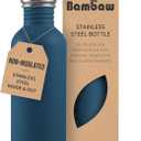 Bambaw Stainless Steel Water Bottle 16 oz, Navy Blue Sports Bottle, Non-Insulated Single Wall, Children's Small Metal Water Bottle, 500 ml, Reusable  Aegean Blue