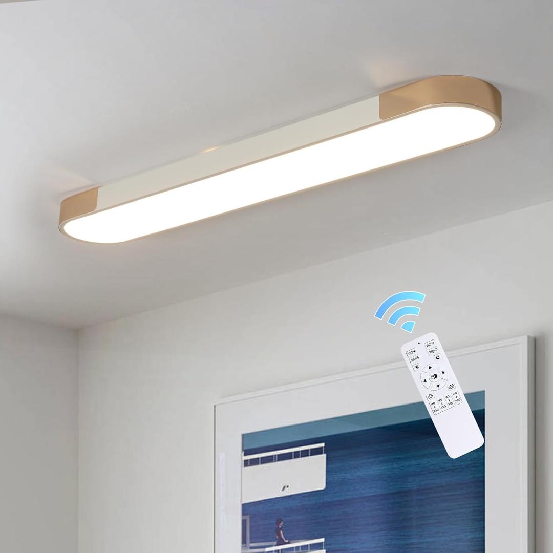 Qcyuui Modern LED Ceiling Light,39.4 Inch Dimmable LED Flush Mount Ceiling Lights,White and Gold Long Ceiling Light Fixture for Office Bedroom Kitchen Hallway (48W/3000-6500K)