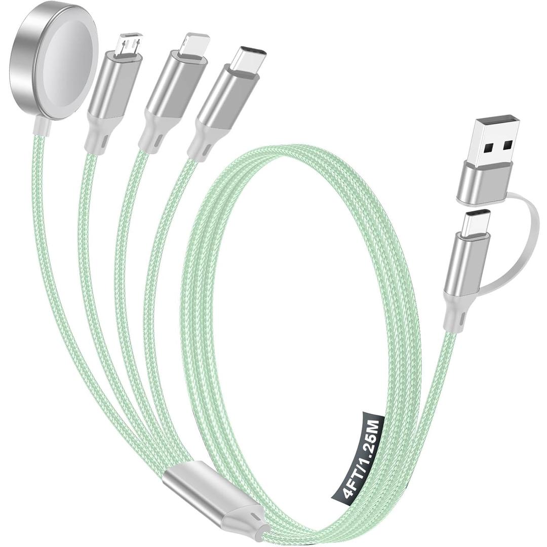 4-in-2 Multi Charging Cable for Apple Watch Charger/iPhone/Galaxy Charger | Travel Essentials,Type C/Lightning/iWatch/Micro Charging Cable for Phone/iWatch Ultra/10-2/Airpods[1.5M]-Green