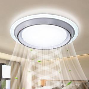 Low Profile Ceiling Fan with Light, 19.29 In Bladeless Ceiling Fan with Remote Control,Enclosed Flush Mount Fandelier, 6 Wind Speed,Dimmable LED Lights, White, for Bedroom Dining Room