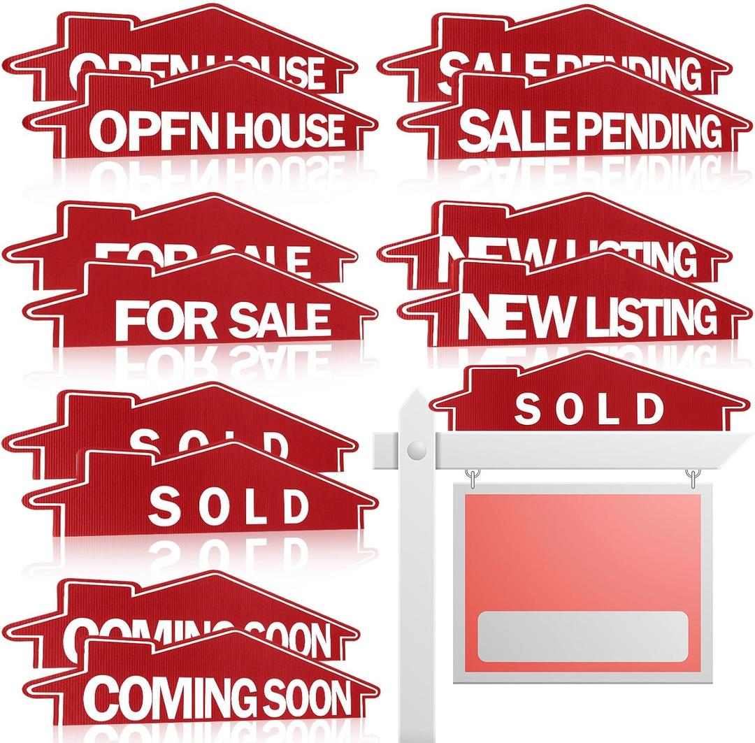 Juexica 12 Pcs Real Estate Rider Signs 24 x 6 Inch Coming Soon, for Sale, Pending, Sold Waterproof Signs Rider Real Estate with Different Messages (House Shape,Red with White)