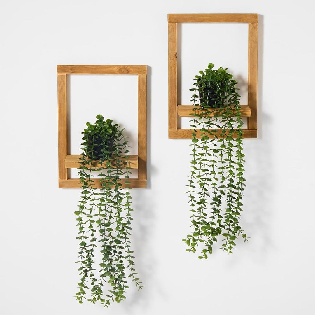 2 Pack Wooden Shelves with Fake Hanging Plants for Wall Decor, Modern Farmhouse Wood Wall Art for Living Room, Bathroom (Light Brown)