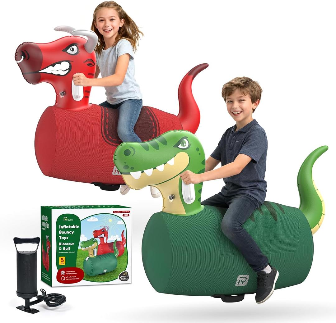 POVYRE Kids Boys Outdoor Toys, 2 PCS Giant Inflatable Dinosaur Bull Toys Bouncy Hopper with Pump, Ride-on Jumping Animal for Indoor Outdoor Play, 220 lbs Capacity, Gift for Ages 5+ (Green)
