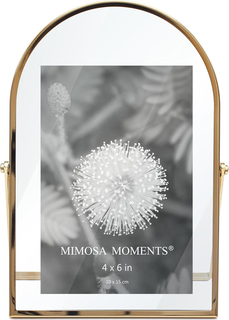 4x6 Brass-tone Arched Metal Floating Picture Frame, Double Glass Tabletop Display, Modern Minimalist Photo Frame for Home & Office Decor