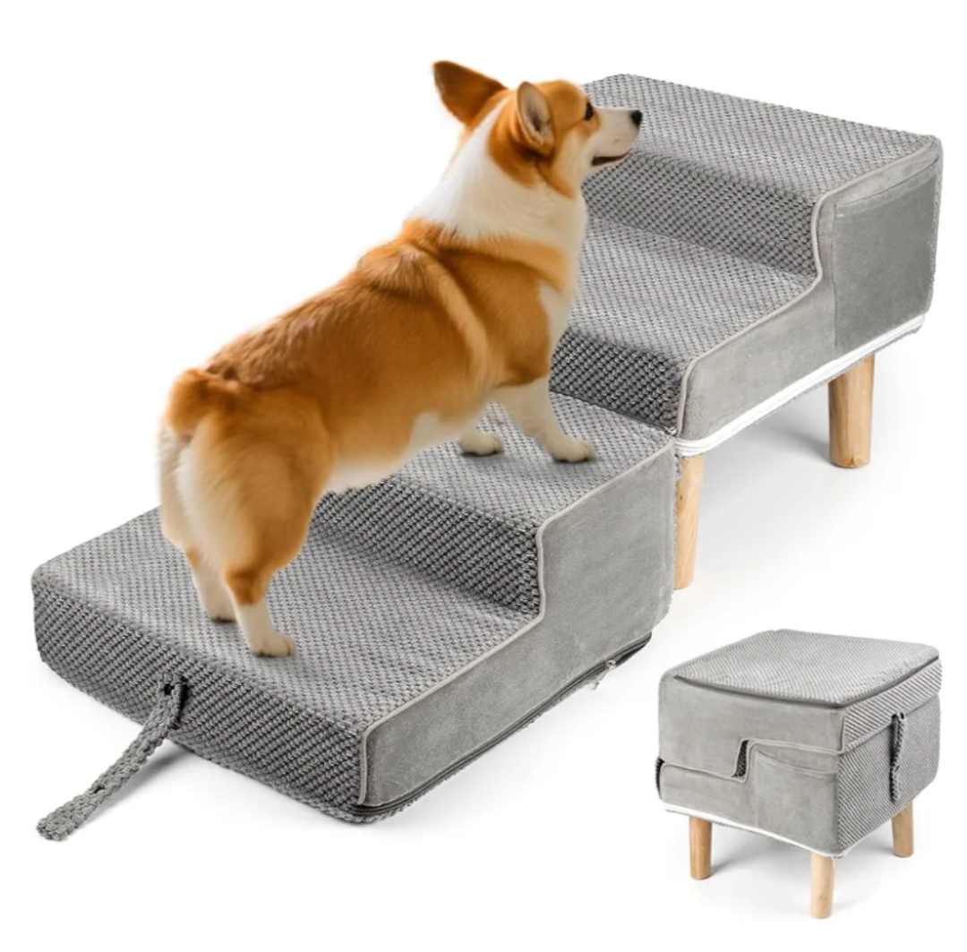 Hdnbsp Split Ottoman Dog Ramp, 4-Step Dog Stairs for Bed, Foldable Pet Steps for Small, Medium, Senior Dogs & Old Cats - Couch Height, Anti-Slip, Washable Cover, Storage Pocket, 135lb Capacity