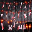 BlcTec Scary Halloween Decorations Props, 12 FT Halloween String Lights with 16 Fake Bloody Knives & 50 LED Orange Big Bulbs, 8 Modes Battery Operated Bloody Party Supplies for House Décor, Set of 4