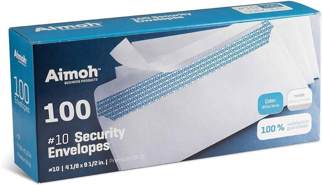 Aimoh #10 Security Self Seal Envelopes  100 Qty |No Window, EnveGuard, 4 x 9", White, 24 LB, 100 Count (34100)