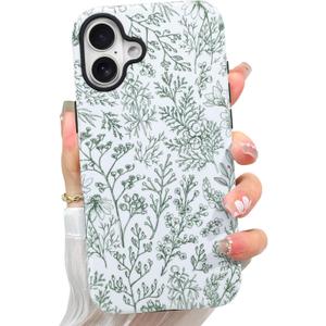 Pmxlfo Flower Branch Case Designed for iPhone 16, Green Sage Floral Branch Pattern 2 in 1 Phone case [Compatible with MagSafe] Heavy Duty Shockproof Drop Protective for Girls Women