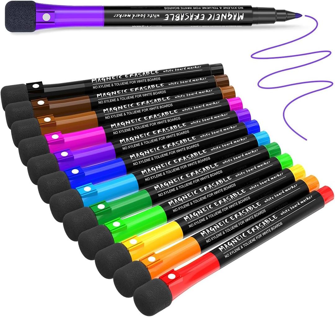 Magnetic Dry Erase Markers Fine Point Tip, 12 Colors White Board Markers Dry Erase Marker with Eraser Cap, Low Odor Whiteboard Markers Thin Marking for Kids Teachers Office School Supplies