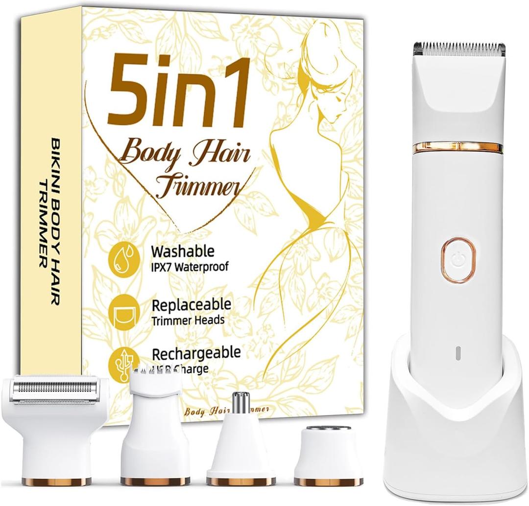Bikini Trimmer for Women, 5-in-1 Electric Razors Shaver, IPX7 Waterproof Cordless Body Hair Trimmer, Rechargeable Facial & Pubic Hair Remover, Ceramic Blade Bikini Shaver, Gifts for Women (White)