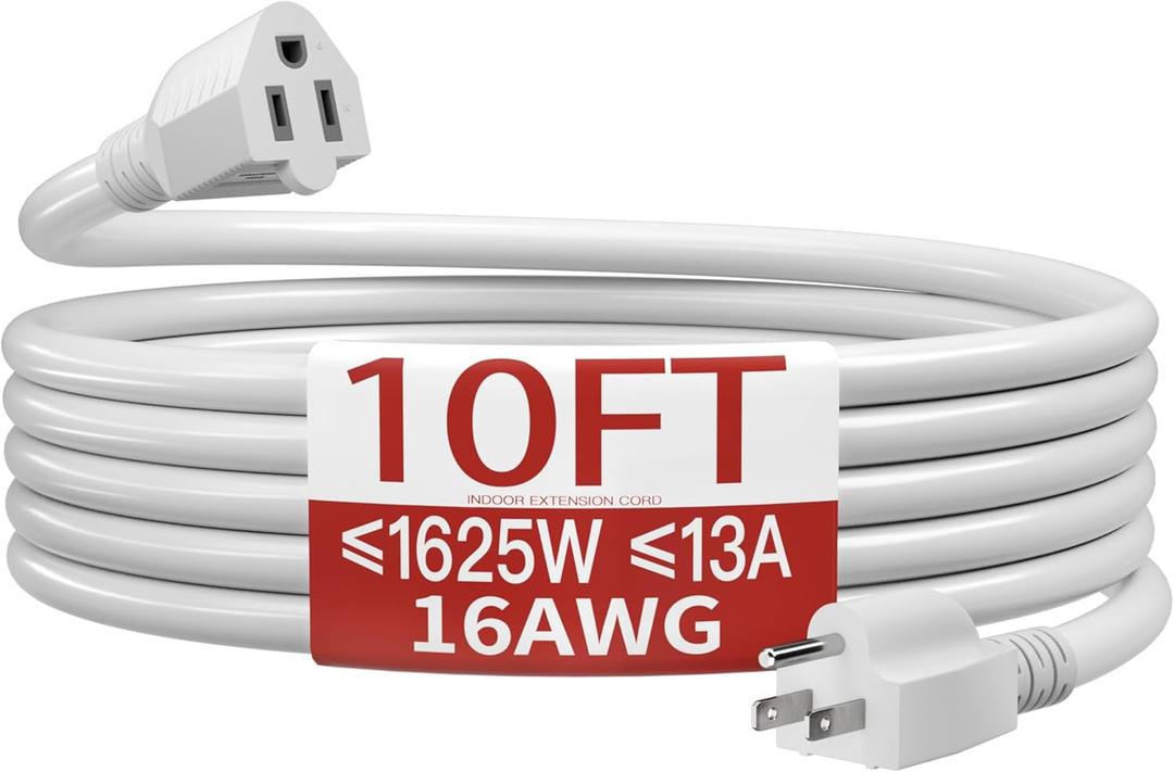 16/3 Short Extension Cord 10 FT, White Extension Cord Flexible & Durable, Indoor 3 Prong Power Cable, Suitable for Home and Office, 13 Amp 1625 Watt 125VAC 16AWG, ETL Listed