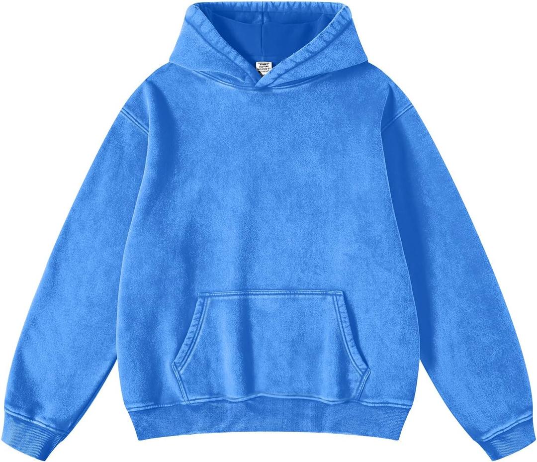 FAIABLE Mens Hoodies Pullover Oversized Hoodie Wash Plush Cotton Hooded Sweatshirt Vintage Heavyweight Hoodie Men Streetwear (M, Bright Blue)