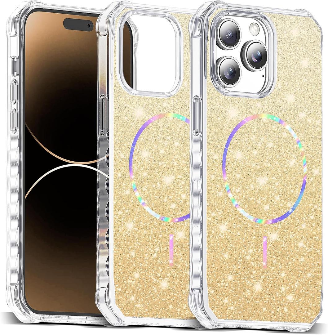 Compatible with iPhone 14 Pro Max Case Magnetic Glitter iPhone 14 Pro Max Phone Case 6.7" with Curly Wavy Frame Design [Bling & Cute][Compatible with Mag-Safe],Gold