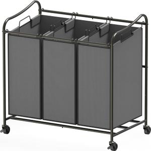 Simple Houseware Heavy Duty 3-Bag Laundry Sorter Rolling Cart, Dark Grey  Durable Triple Laundry Hamper with Removable Bags and Lockable Wheels for Efficient Laundry Organization