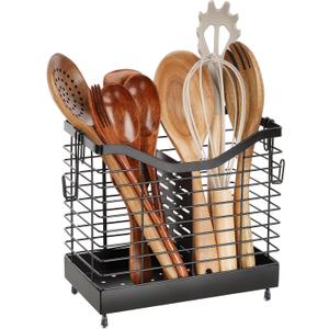 Large Utensil Holder for Kitchen Counter, Black Metal Utensil Drying Rack with 2 Compartments for Kitchen Countertop, Cooking Tools Spatula Silverware Cutlery Organizer