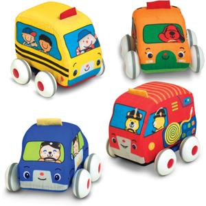 Melissa & Doug K's Kids Pull-Back Town Vehicle Set - Baby Toys Set with 4 Soft Toy Cars and Trucks, Surface Washable with Removable Wheels, Learning Toys for Babies and Toddlers