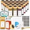 Aliggbent Spice Jars with Lable, 36 Pcs 4 oz Glass Spice Jars with Bamboo Lids, Spice Containers Bottles, Glass Seasoning Jars with Shaker Lids, Collapsible Funnel, for Spice Racks, Pantry,Cupboard